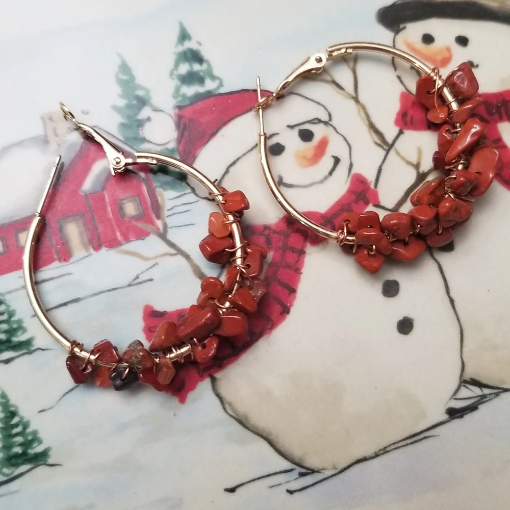 Natural Stone Hoop Earrings with Hypoallergenic metal.๐ - Picture 1 of 8